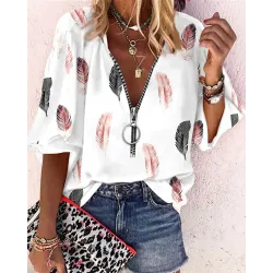 Feather Print Zip Front Lantern Sleeve Top