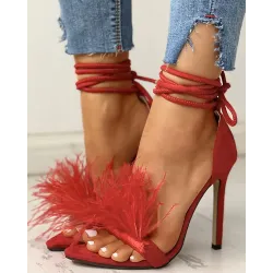 Feather Suede Open Toe Heeled Sandals