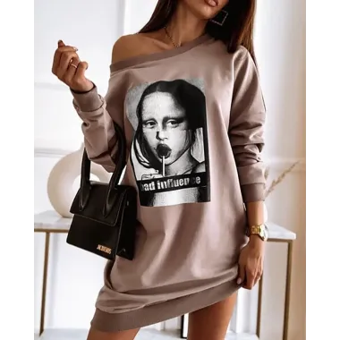 Figure Print Contrast Binding Sweatshirt Dress