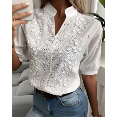 Floral Pattern Eyelet Embroidery Half Sleeve Top