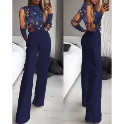 Floral Pattern Mesh Patch Wide Leg Jumpsuit