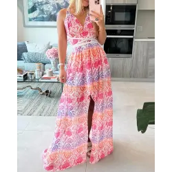 Floral Pattern Print Slit Sleeveless Maxi Dress