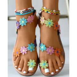 Floral Pattern Toe Ring Sandals