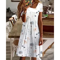 Floral Print Asymmetrical Neck Casual Dress