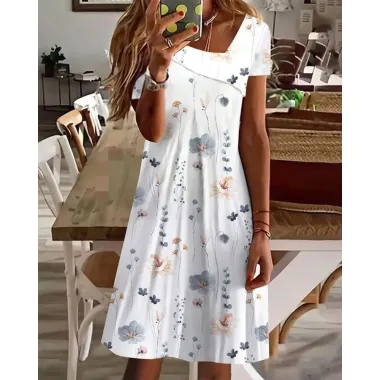 Floral Print Asymmetrical Neck Casual Dress