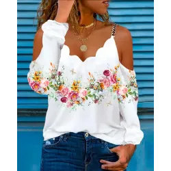 Floral Print Chain Decor Cold Shoulder Top