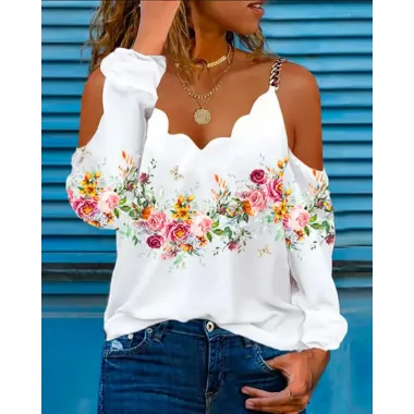 Floral Print Chain Decor Cold Shoulder Top