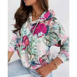 Floral Print Drawstring Hooded Pocket Sweatshirt