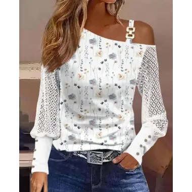 Floral Print Lace Patch Cold Shoulder Top