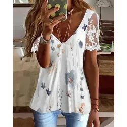 Floral Print Lace Patch Deep V-Neck Top