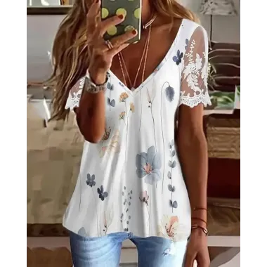 Floral Print Lace Patch Deep V-Neck Top