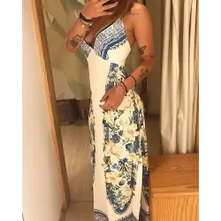 Floral Print Lace-up Backless High Slit Maxi Dress