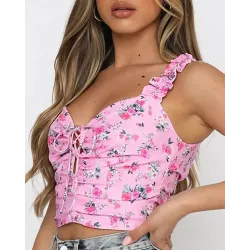 Floral Print Lace-up Front Frill Hem Crop Top