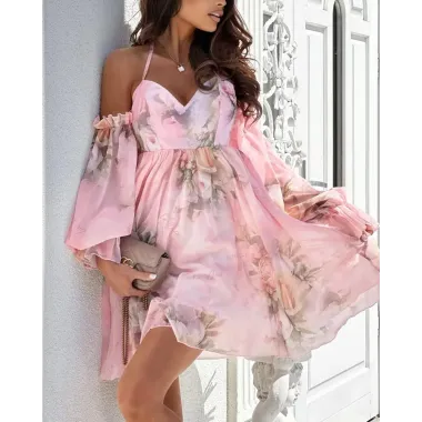 Floral Print Off Shoulder Chiffon Dress