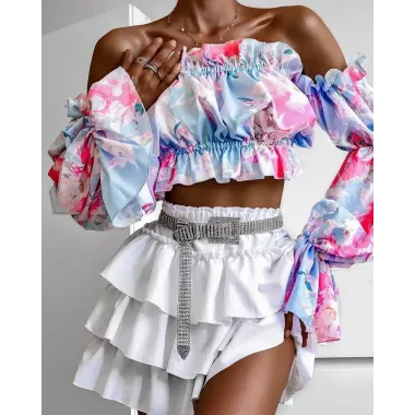 Floral Print Off Shoulder Flared Sleeves Frill Hem Crop Top