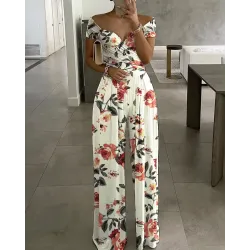 Floral Print Off Shoulder Wide Leg Jumpsuit