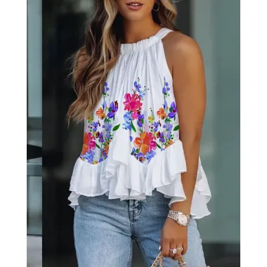 Floral Print Ruffle Hem Tank Top