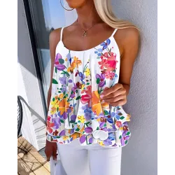 Floral Print Ruffles Flowy Cami Top