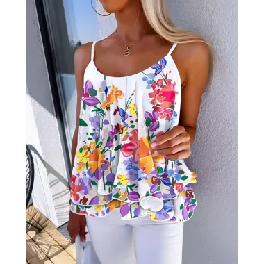 Floral Print Ruffles Flowy Cami Top