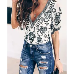 Floral Printed V-neck Short-Sleeved Top