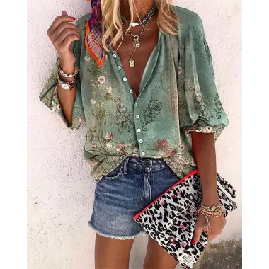 Floral Tribal Print Buttoned Lantern Sleeve Top