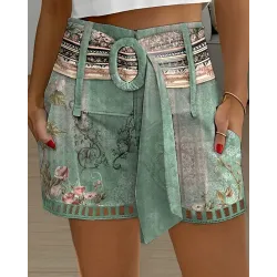 Floral Tribal Print Hollow Out Belted Shorts