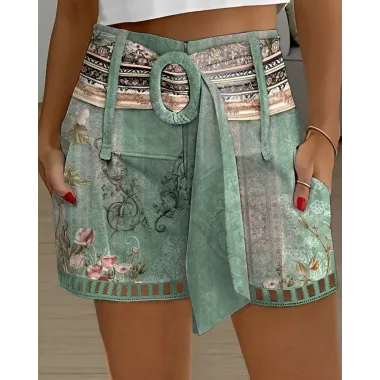 Floral Tribal Print Hollow Out Belted Shorts