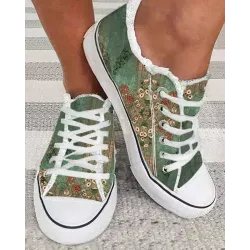 Floral Tribal Print Raw Hem Lace-up Sneakers