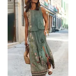 Floral Tribal Print Sleeveless Slit Casual Dress