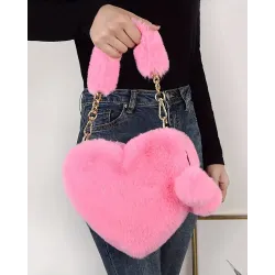 Fluffy Heart Shaped Pom Pom Chain Strap Handbag