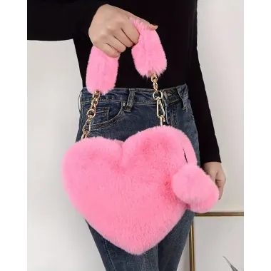 Fluffy Heart Shaped Pom Pom Chain Strap Handbag