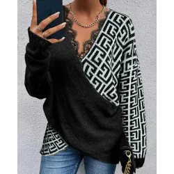 Geo Pattern Contrast Lace Long Sleeve Knit Sweater