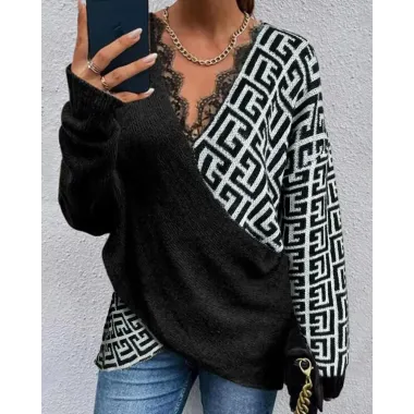 Geo Pattern Contrast Lace Long Sleeve Knit Sweater