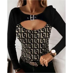 Geo Print Buckle Detail Cutout Front Ribbed Top