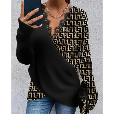 Geo Print Contrast Lace Long Sleeve Wrap Top