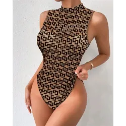 Geo Print Sleeveless Sheer Mesh Bodysuit