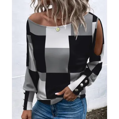 Geometric Print Cold Shoulder Casual Top