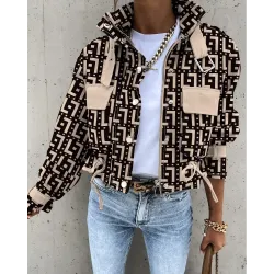 Geometric Print Pocket Design Biker Jacket