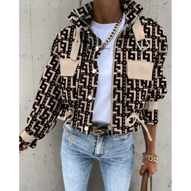 Geometric Print Pocket Design Biker Jacket