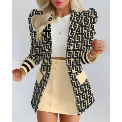 Geometric Print Striped Buttoned Blazer Coat & Skirt Set