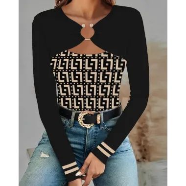 Geometric Print Striped Cutout Asymmetrical Top