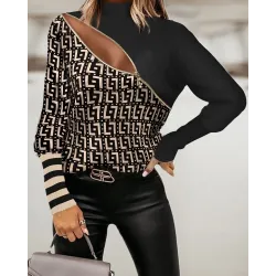 Geometric Print Zip Front Long Sleeve Top