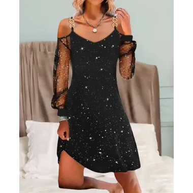 Glitter Contrast Mesh Cold Shoulder Casual Dress