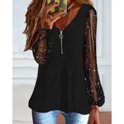 Glitter Contrast Mesh Long Sleeve Top