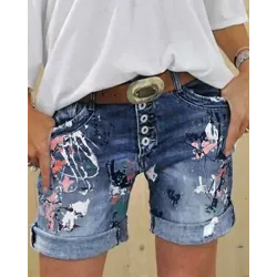 Graphic Print Button Fly Denim Shorts