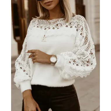 Guipure Lace Lantern Sleeve Knit Sweater