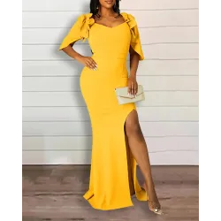 Half Sleeve Ruffle Hem Slit Party Dress