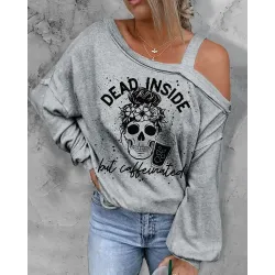 Halloween Dead Inside Skull Coffee Print Lantern Sleeve Top