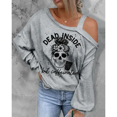 Halloween Dead Inside Skull Coffee Print Lantern Sleeve Top