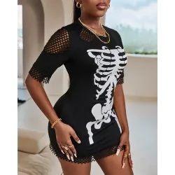 Halloween Fishnet Patch Skeleton Print T-Shirt Dress